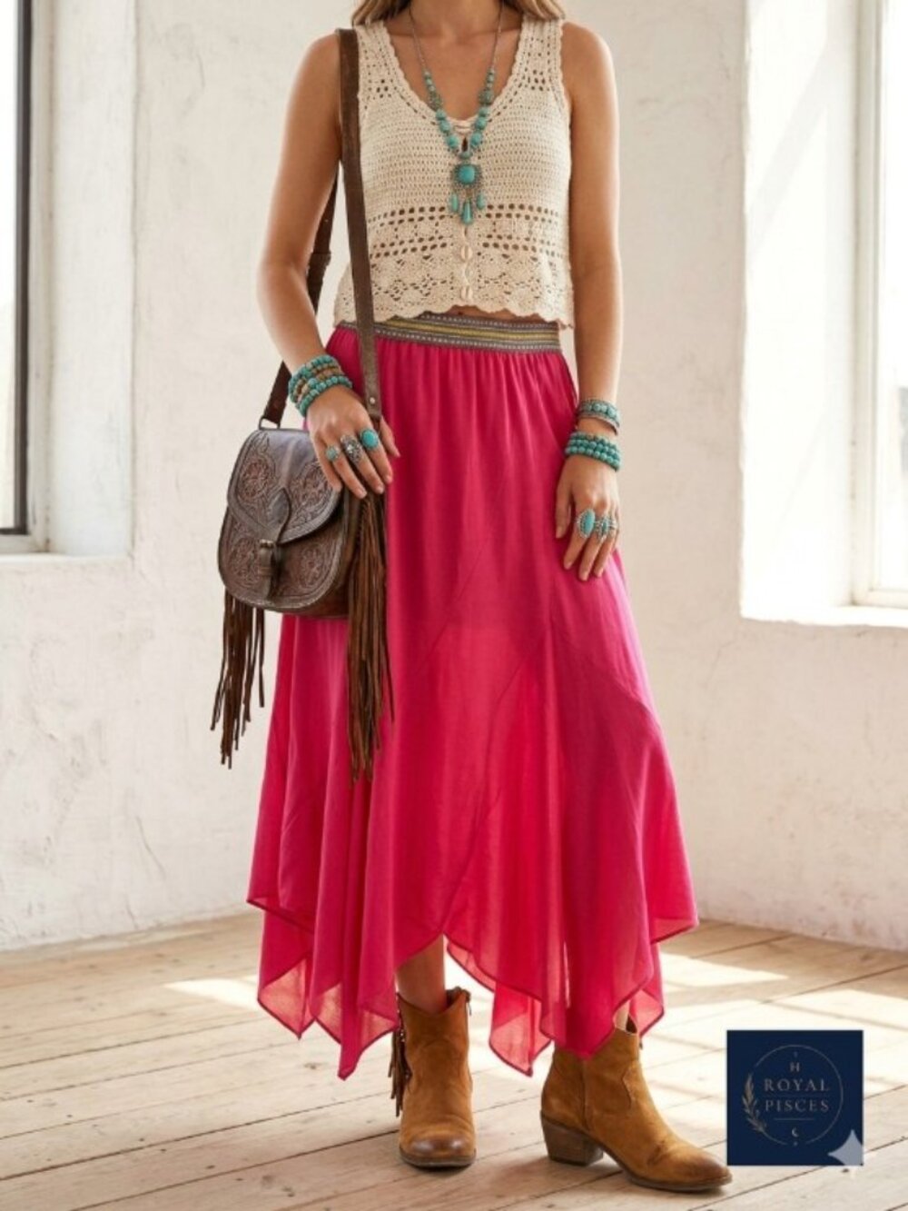 Vanessa Virginia Women's Medium Coral Chiffon Pull On Scalloped Midi Skirt